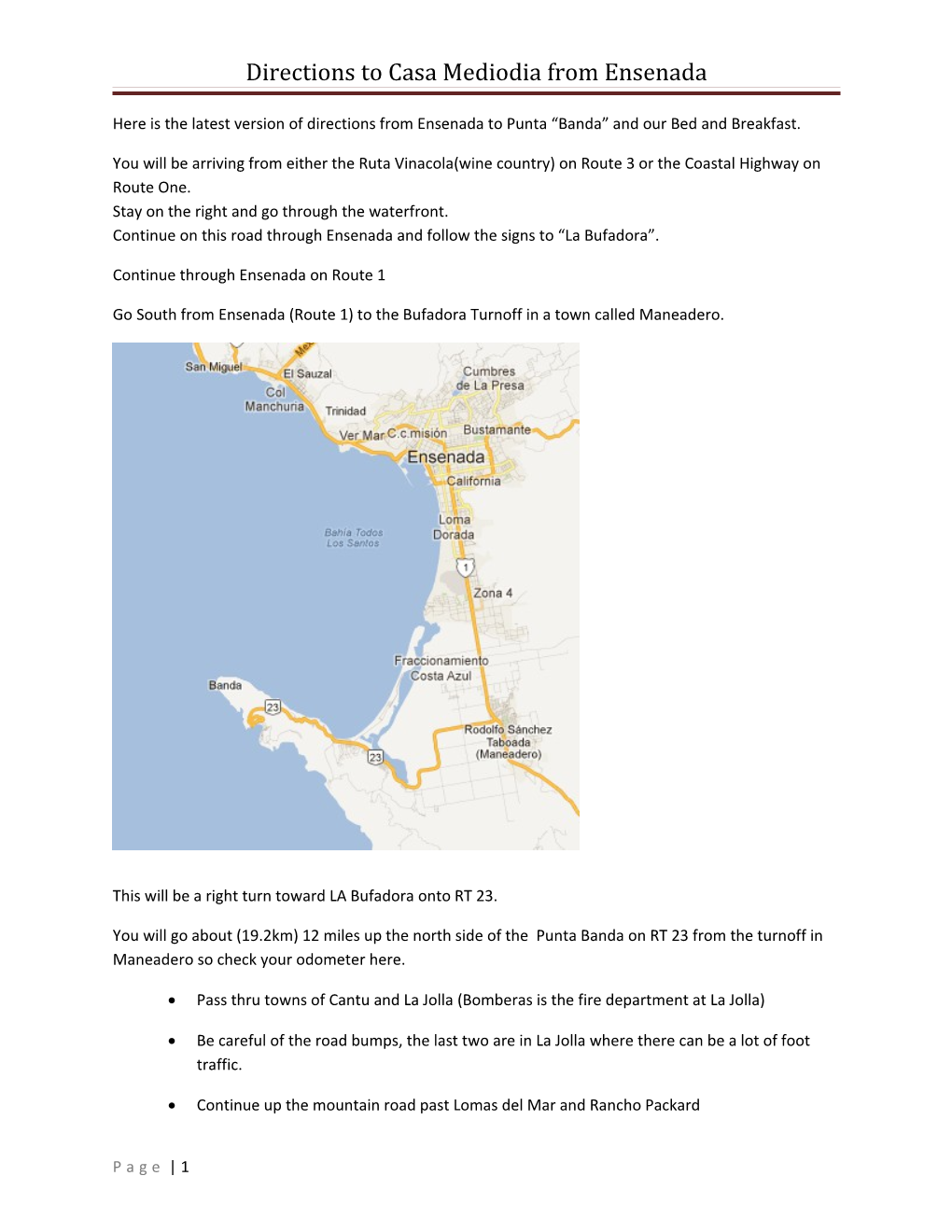 Directions to Casa Mediodia from Ensenada