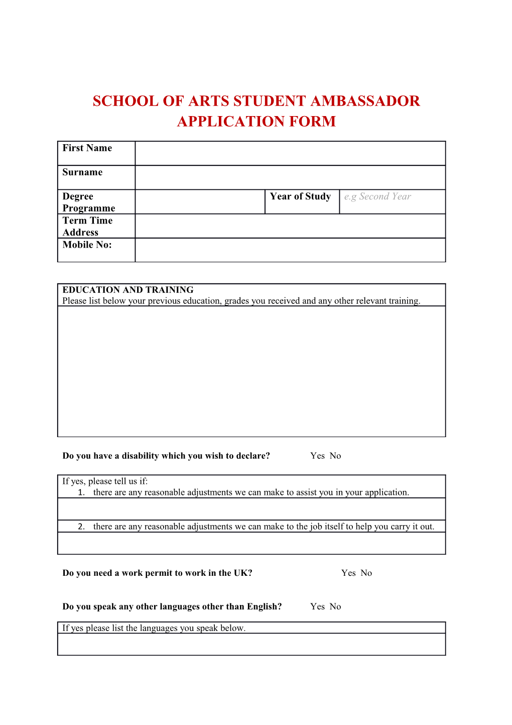 School of Arts Student Ambassador Application Form