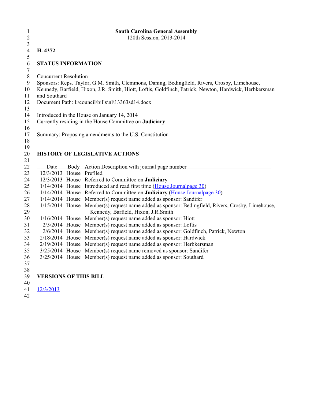 2013-2014 Bill 4372: Proposing Amendments to the U.S. Constitution - South Carolina Legislature