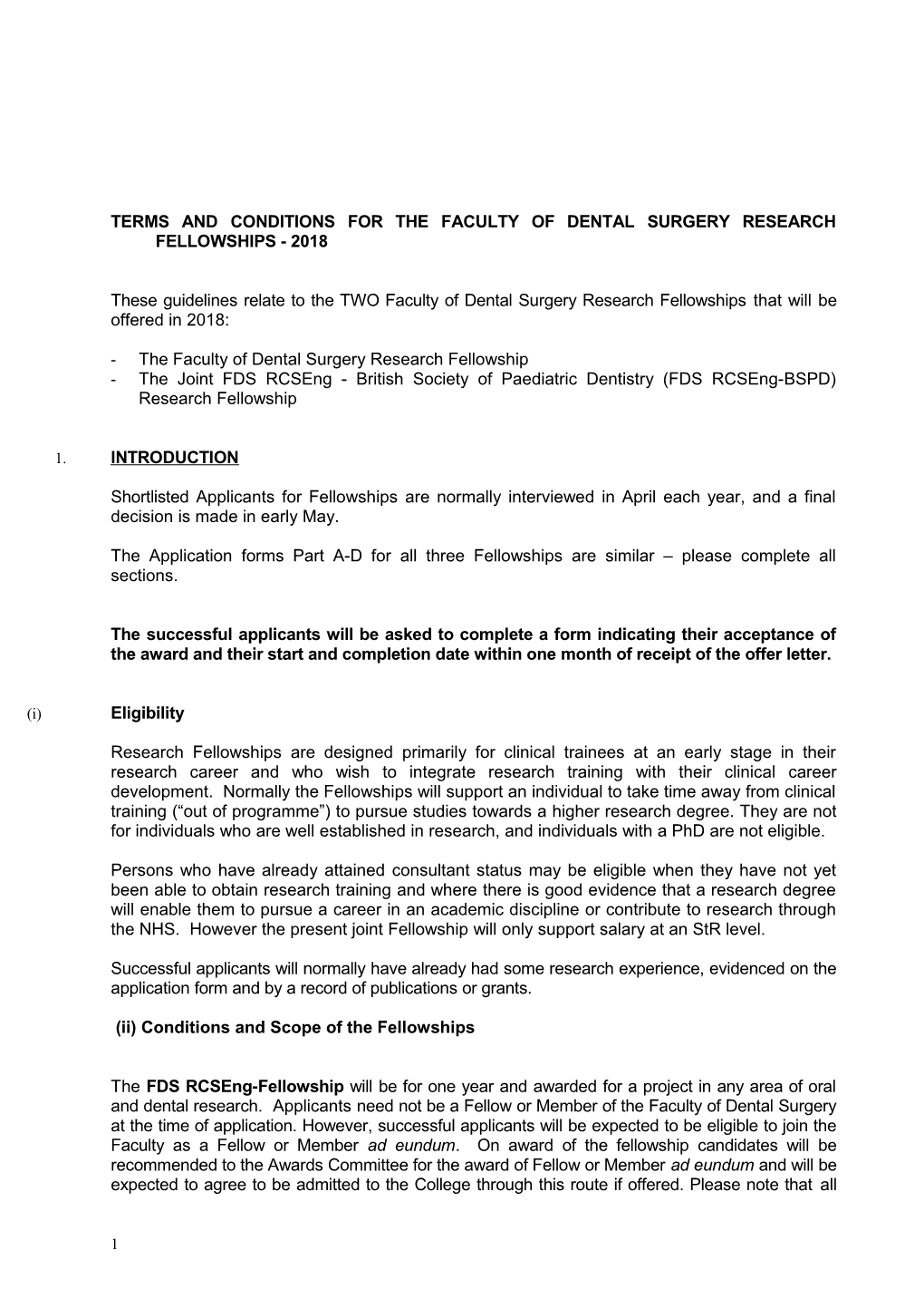 Terms and Conditions for the Faculty of Dental Surgery Research Fellowships - 2018