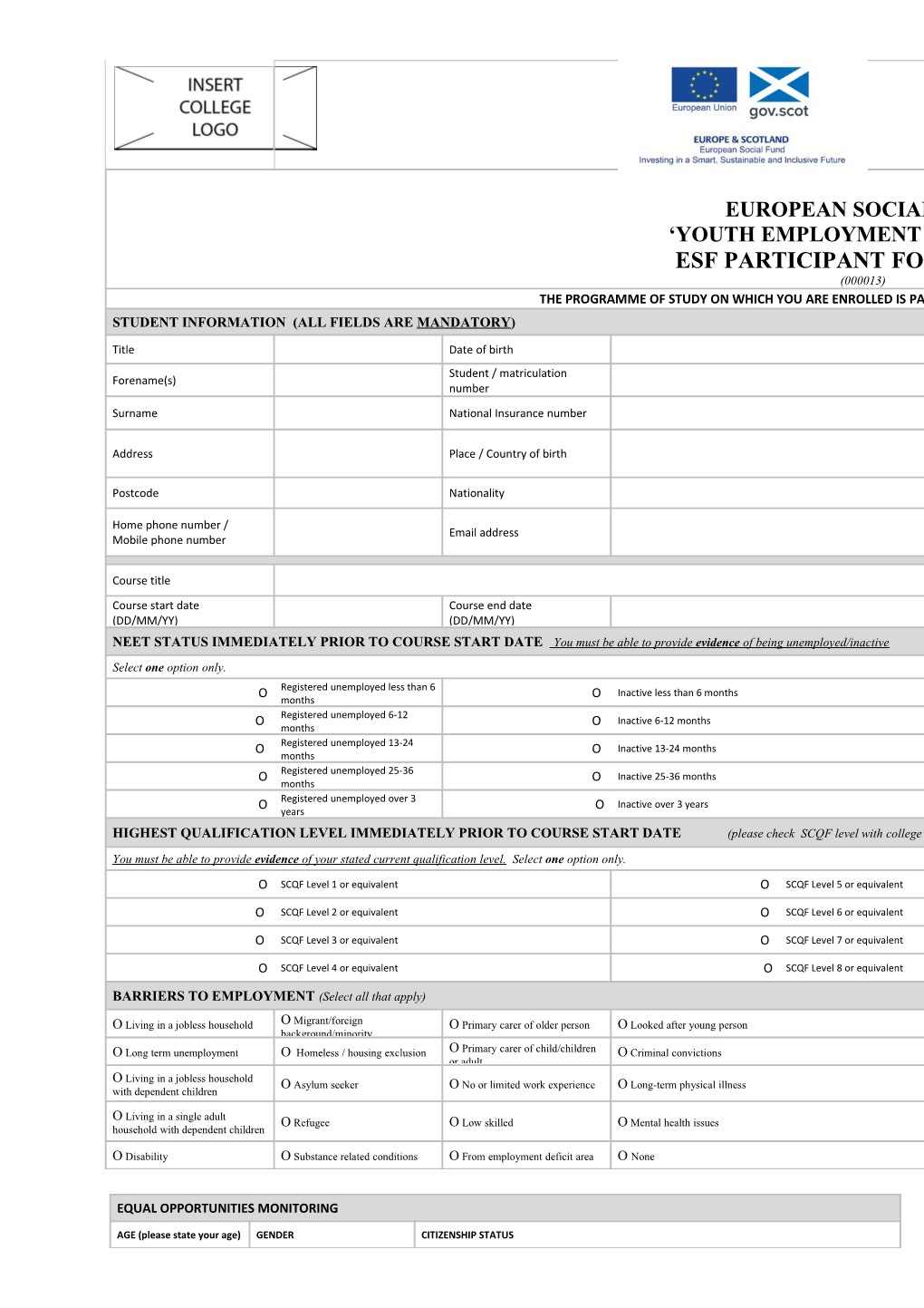 ESF Youth Employment Initiative Participant Form 2017-18