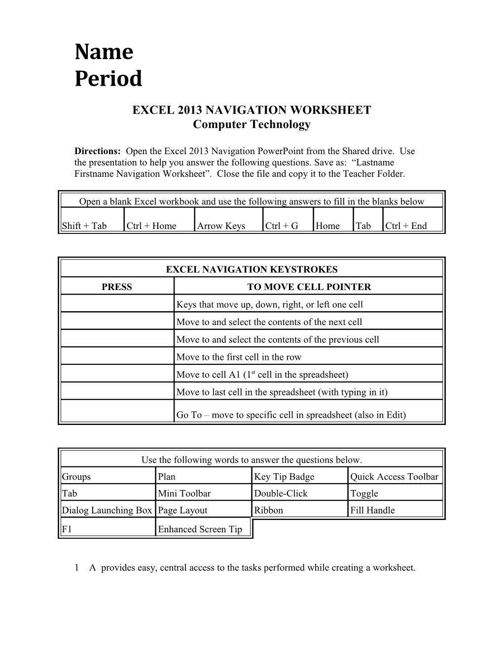 Excel 2013 Navigation Worksheet