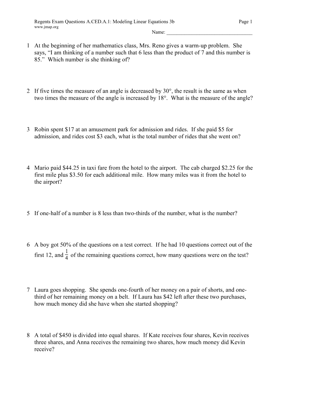 Regents Exam Questions A.CED.A.1: Modeling Linear Equations 3B Page 3