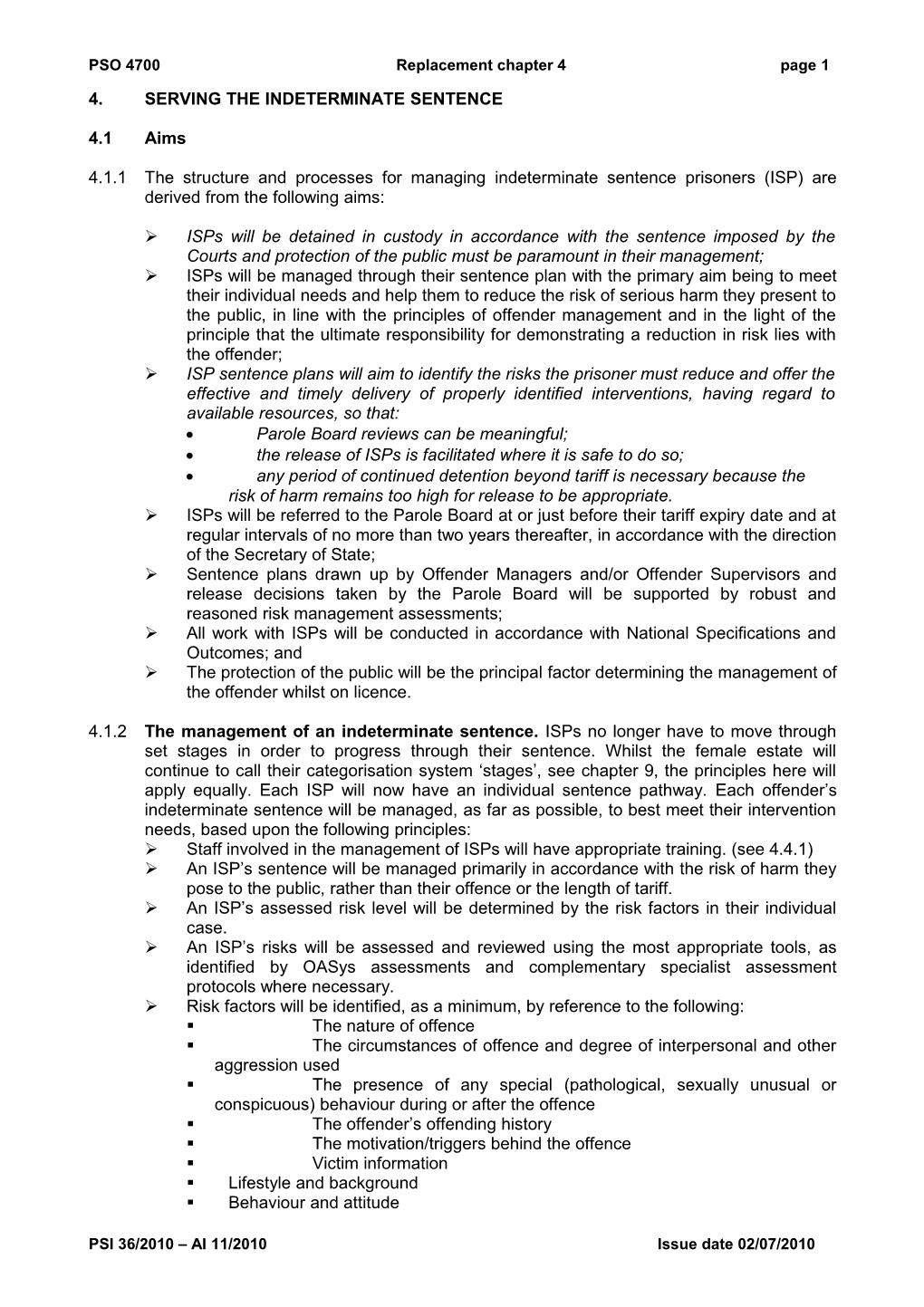 Chapter 4 Serving the Sentence - PSO 4700 Indeterminate Sentence Manual