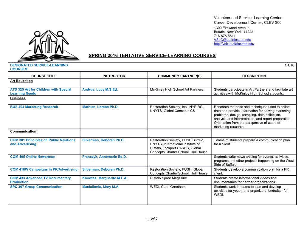 Spring 2016 Tentative Service-Learning Courses