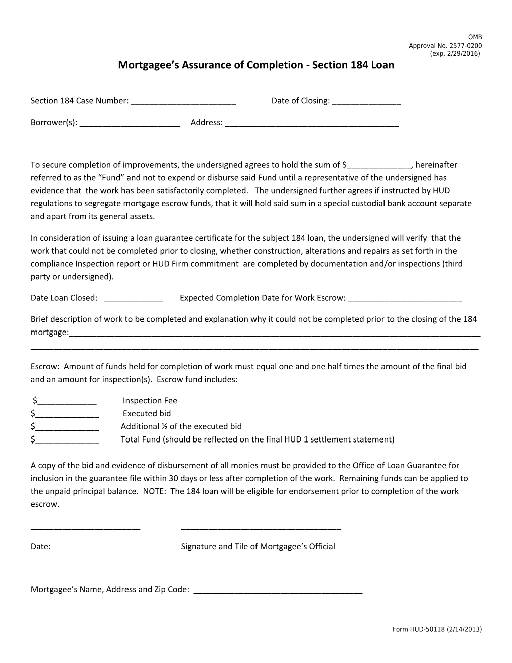 Mortgagee S Assurance of Completion - Section 184 Loan