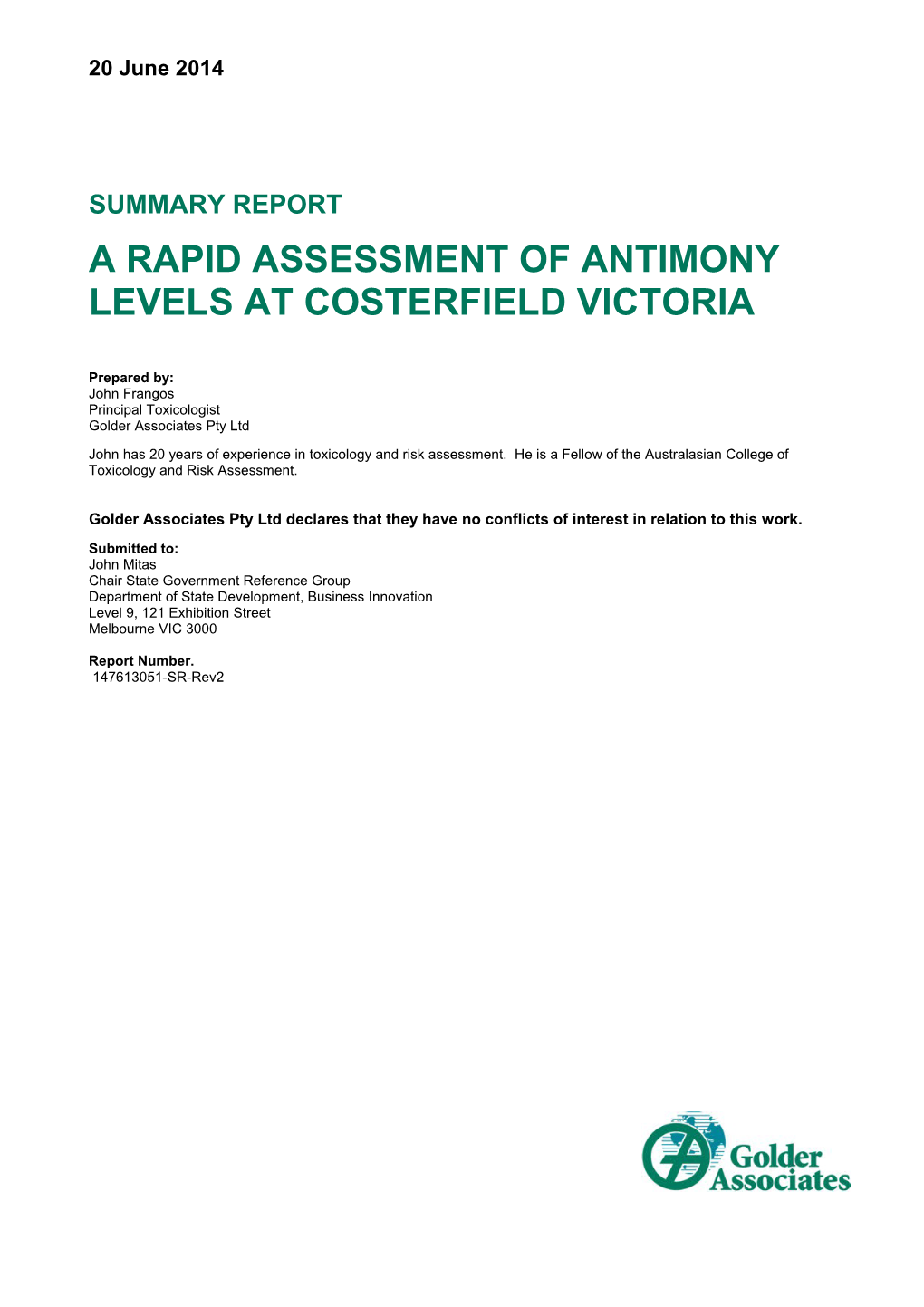A Rapid Assessment of Antimony Levels at Costerfield Victoria