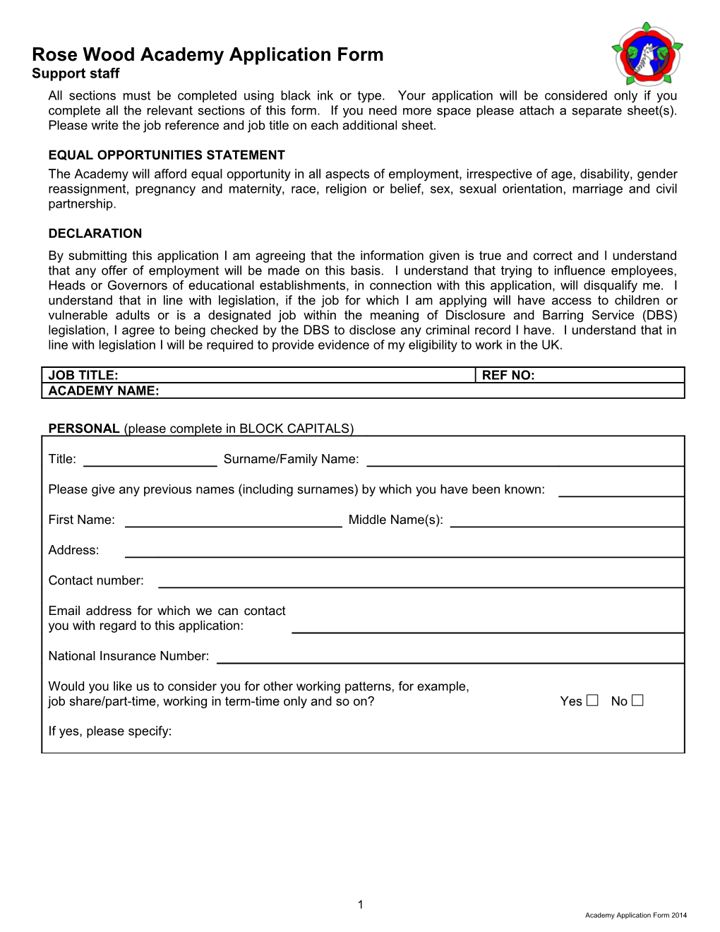 Academy Application Form 2014