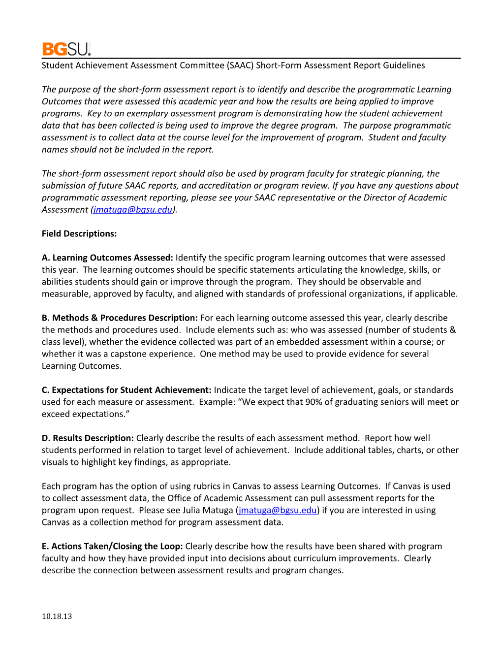 Student Achievement Assessment Committee (SAAC) Short-Form Assessment Report Guidelines
