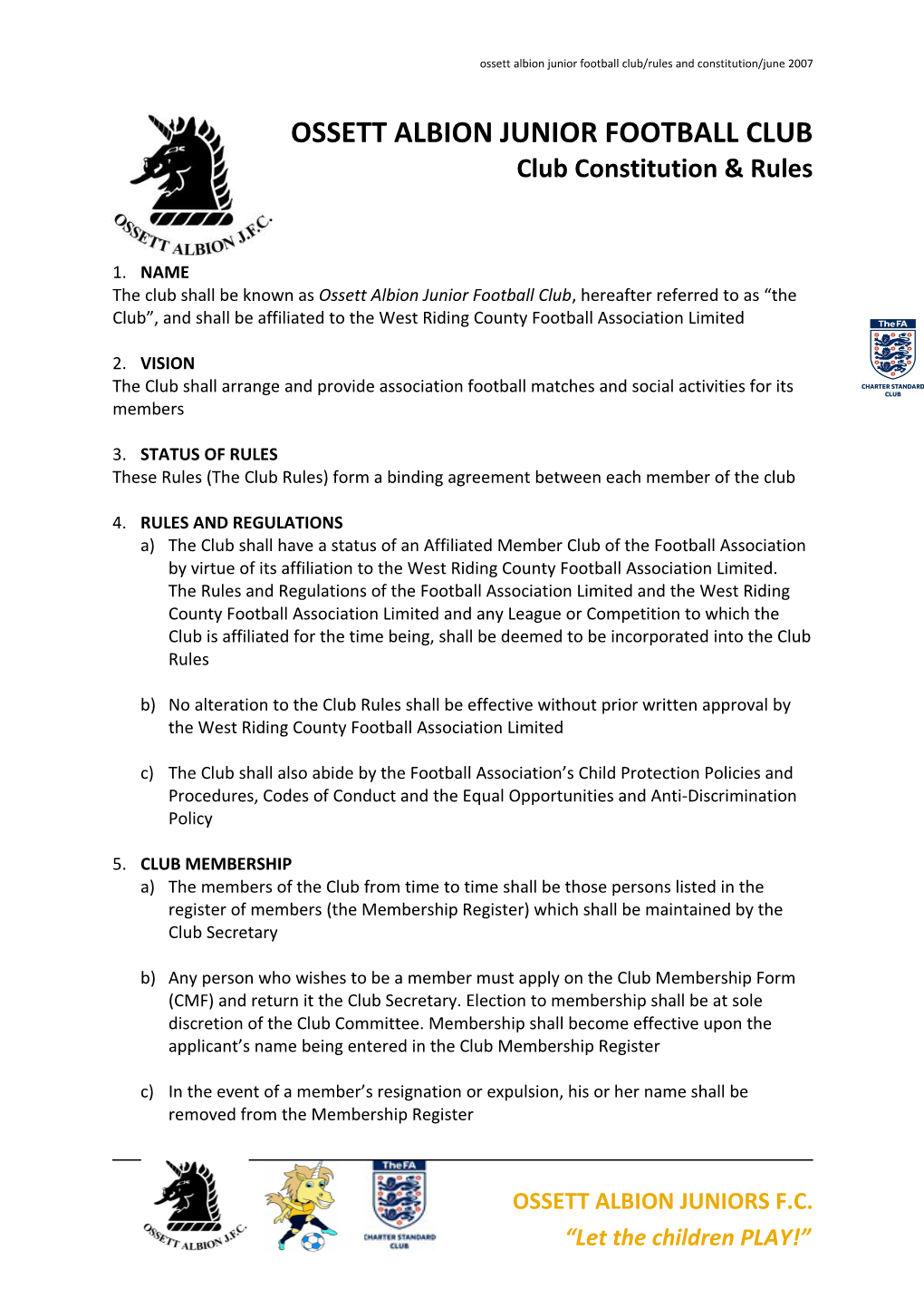 Ossettalbion Junior Football Club/Rules and Constitution/June 2007