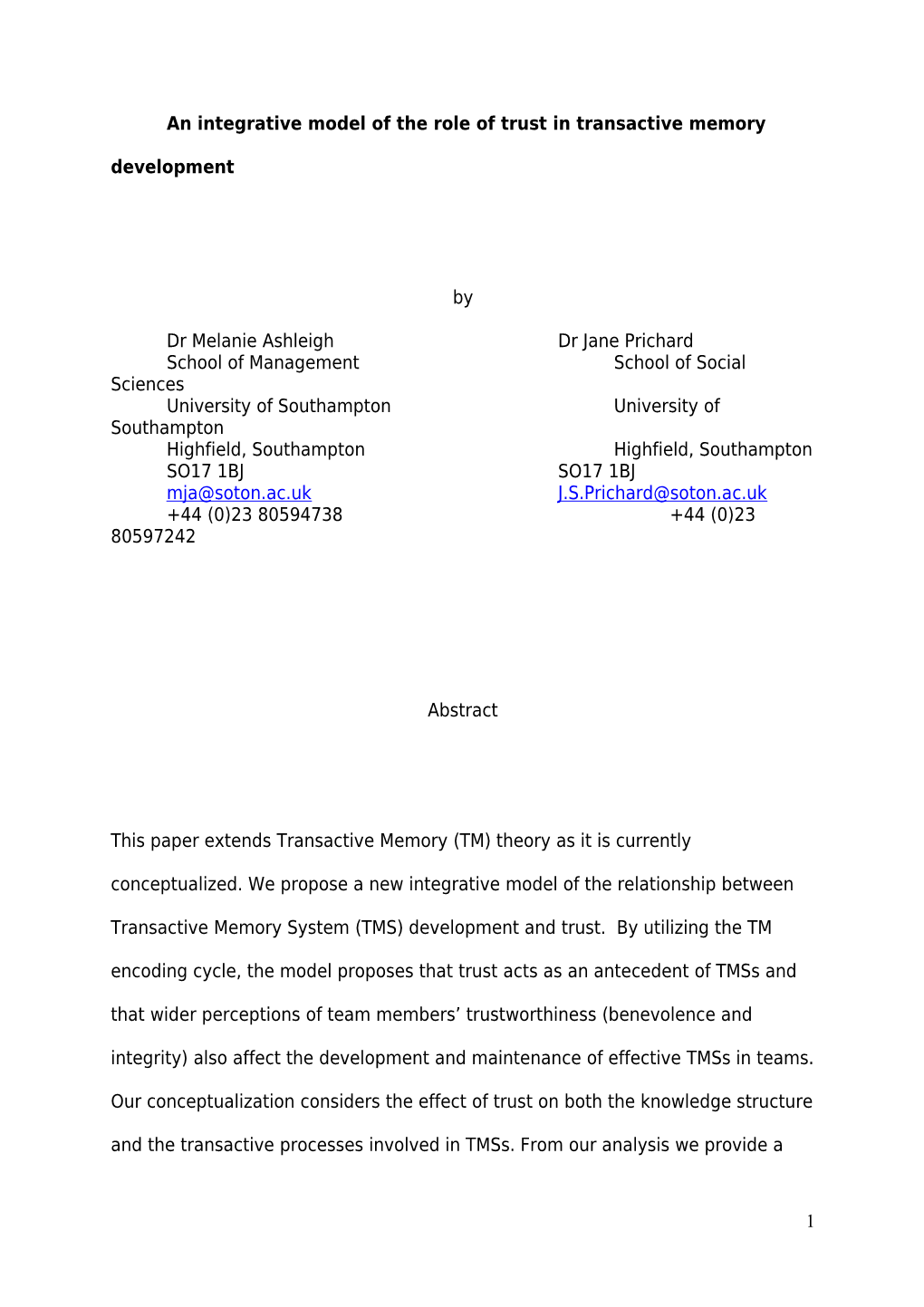 Figure 2: Summary of Relationship Between Transactive Memory, Factors of Perceived