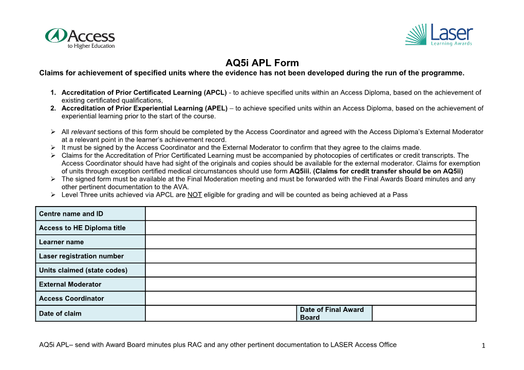 Credit Transfer and APL Claim Form