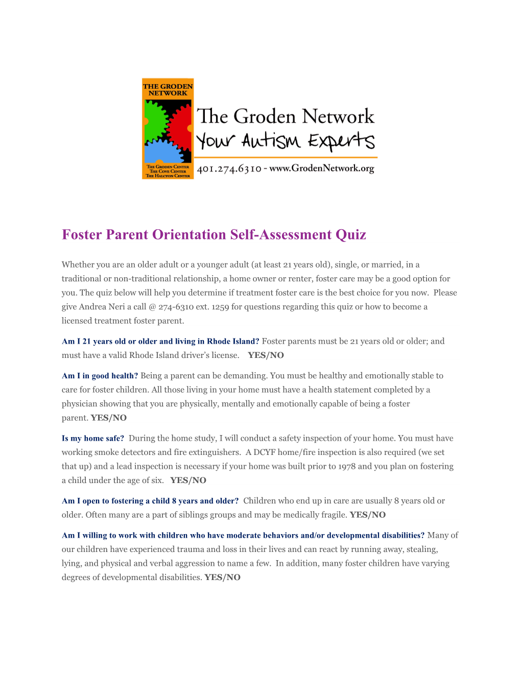 Foster Parent Orientation Self-Assessment Quiz