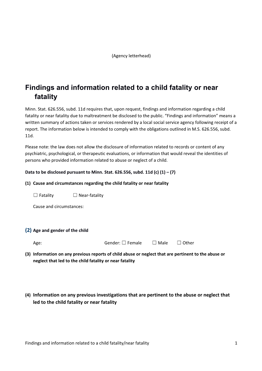 Findings and Information Related to a Child Fatality/Near Fatality