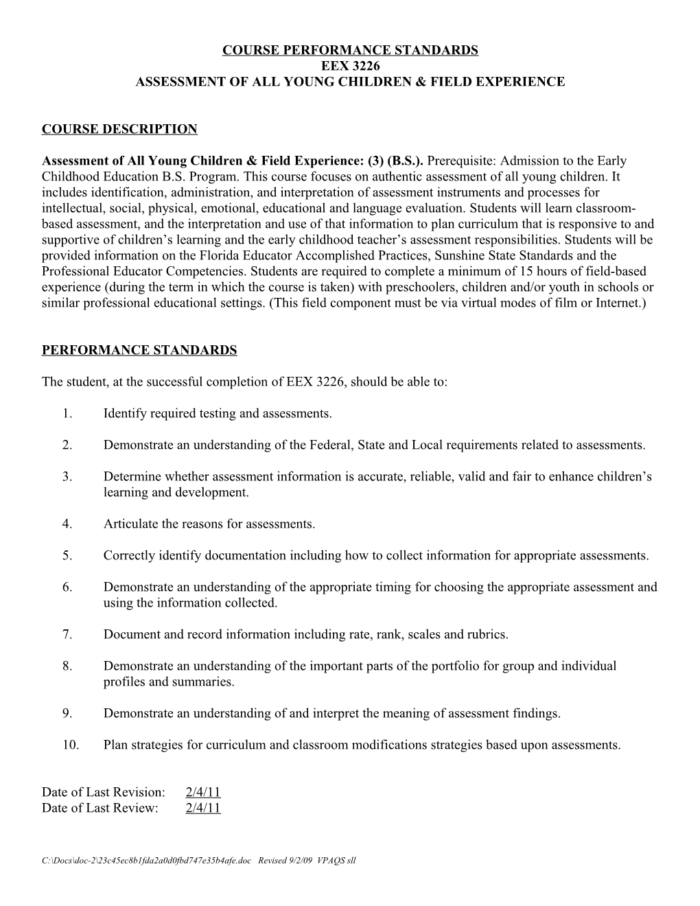 Assessment of All Young Children & Field Experience