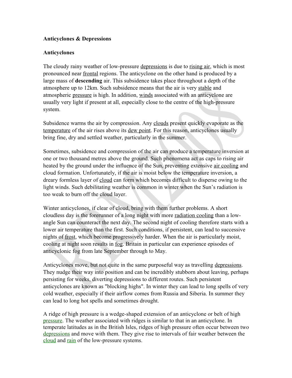 Anticyclones & Depressions