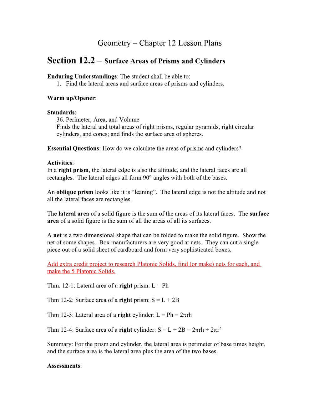 Section 12.2 Surface Areas of Prisms and Cylinders