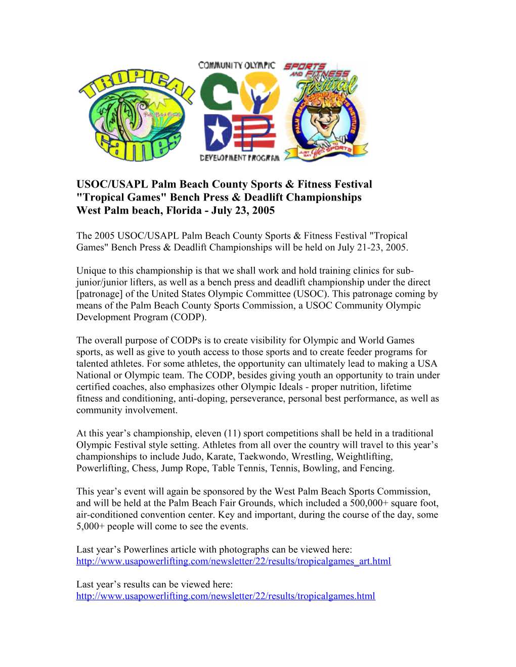 USOC/USAPL Palm Beach County Sports & Fitness Festival Tropical Games Bench Press & Deadlift