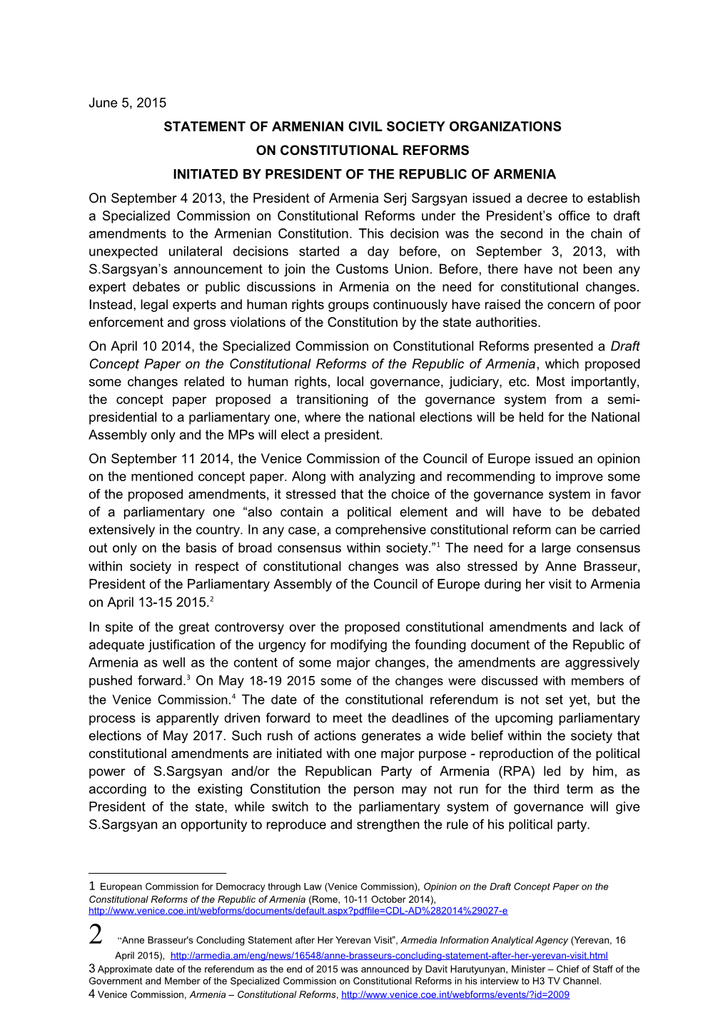 Statement of Armenian Civil Society Organizations