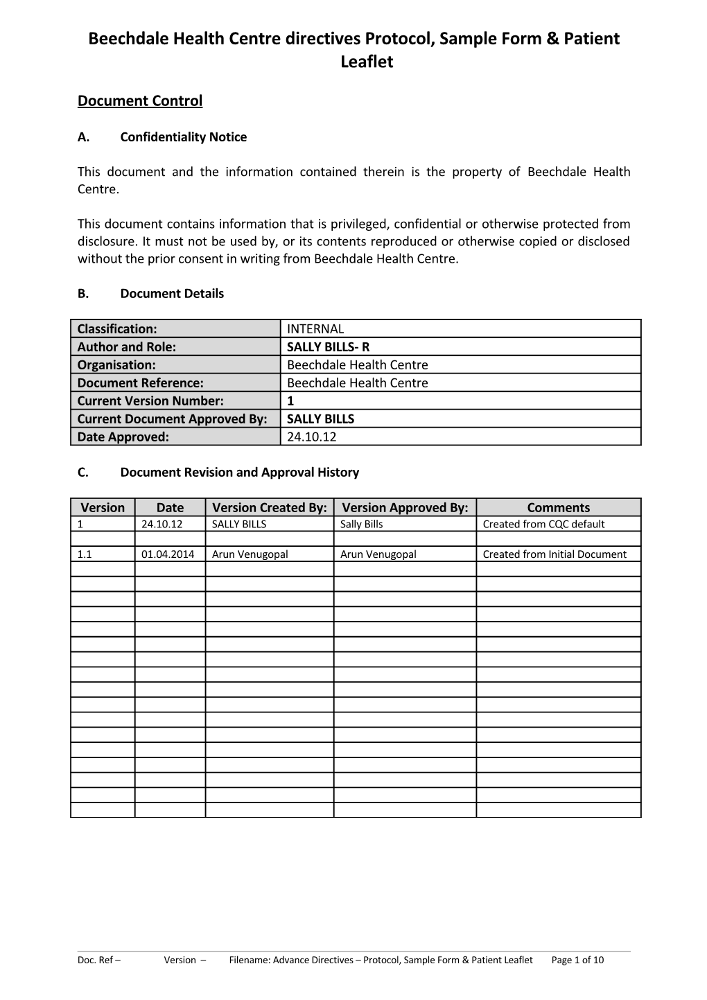 Advance Directives Protocol, Sample Form & Patient Leaflet