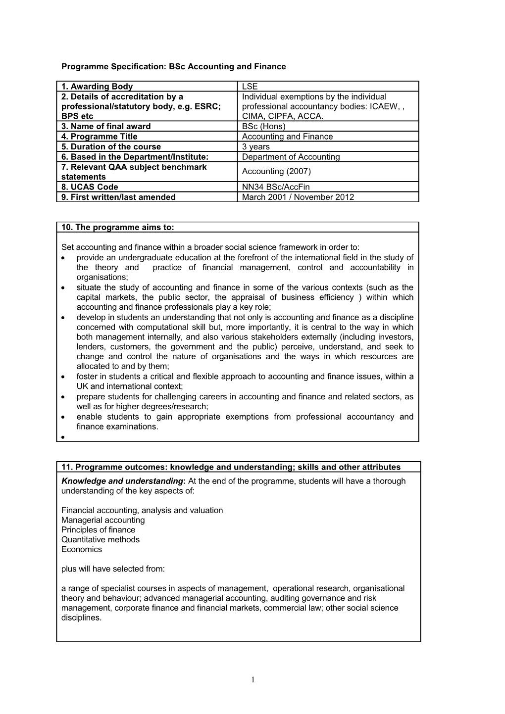 Programme Specification: Bsc Accounting and Finance