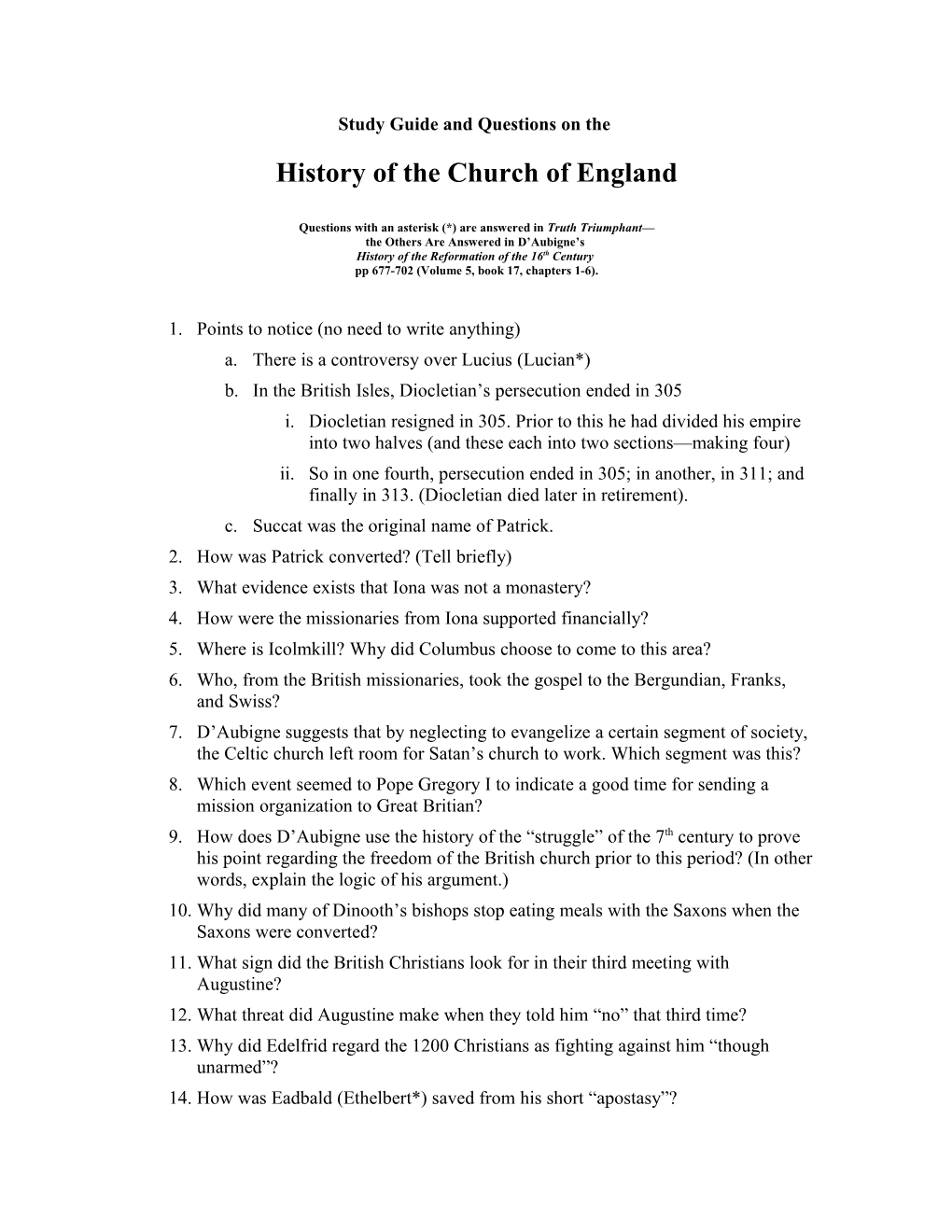 Study Guide and Questions on the History of the Church of England