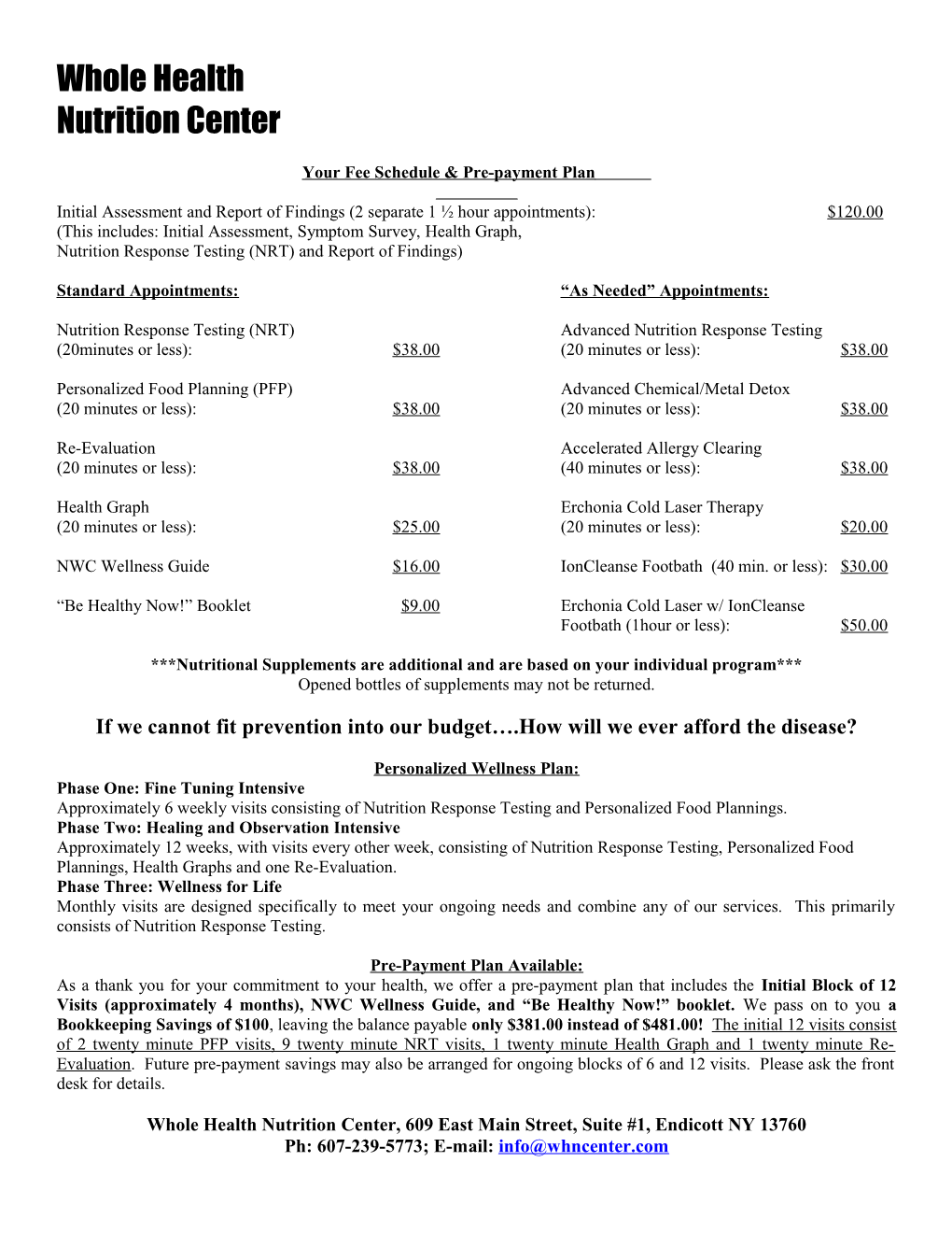 Fee Schedule & Payment Plan