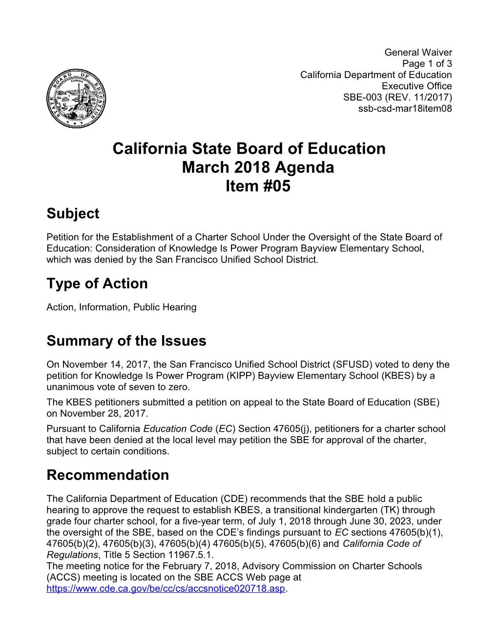 March 2018 Agenda Item 05 - Meeting Agendas (CA State Board of Education)