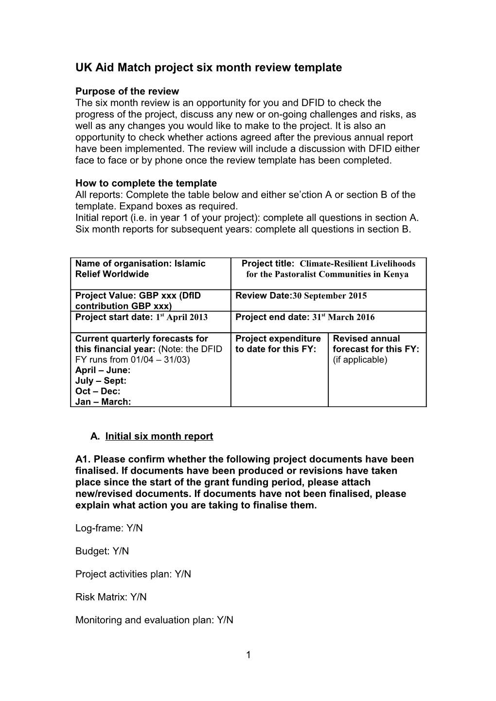 UK Aid Match Project Six Month Review Template