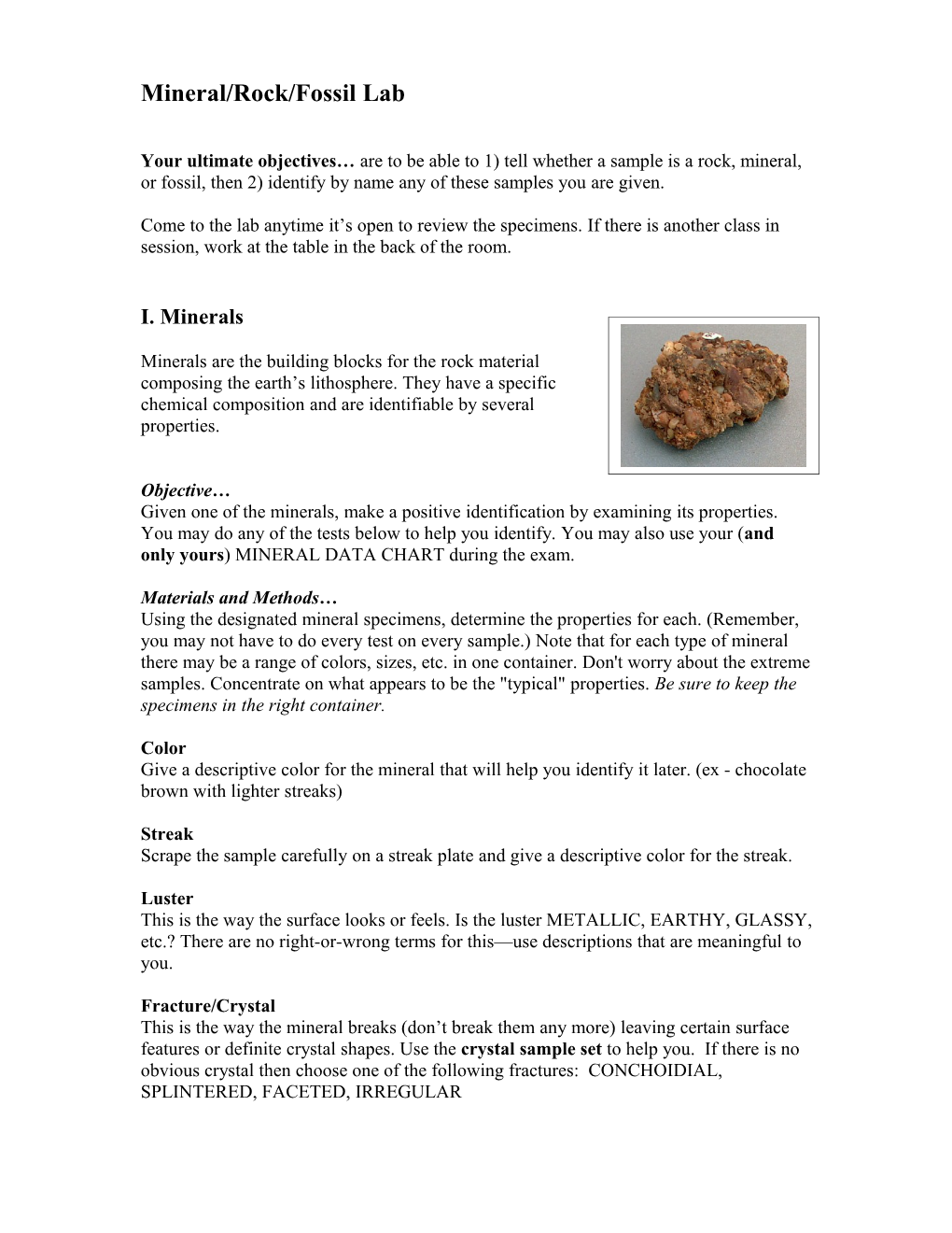 Mineral/Rock/Fossil Lab