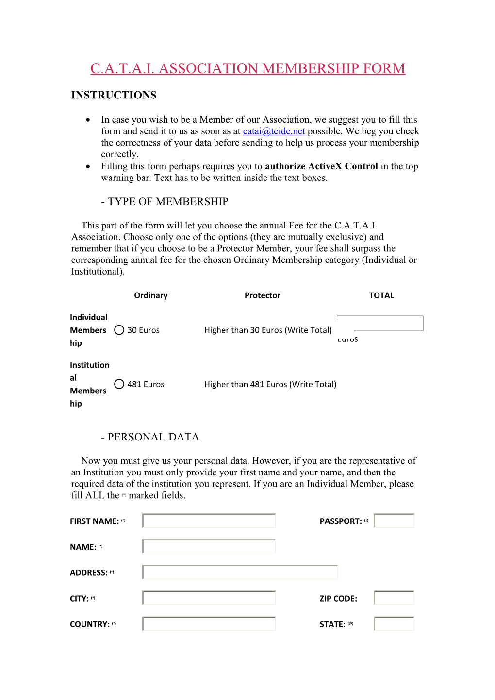 C.A.T.A.I. Association Membership Form