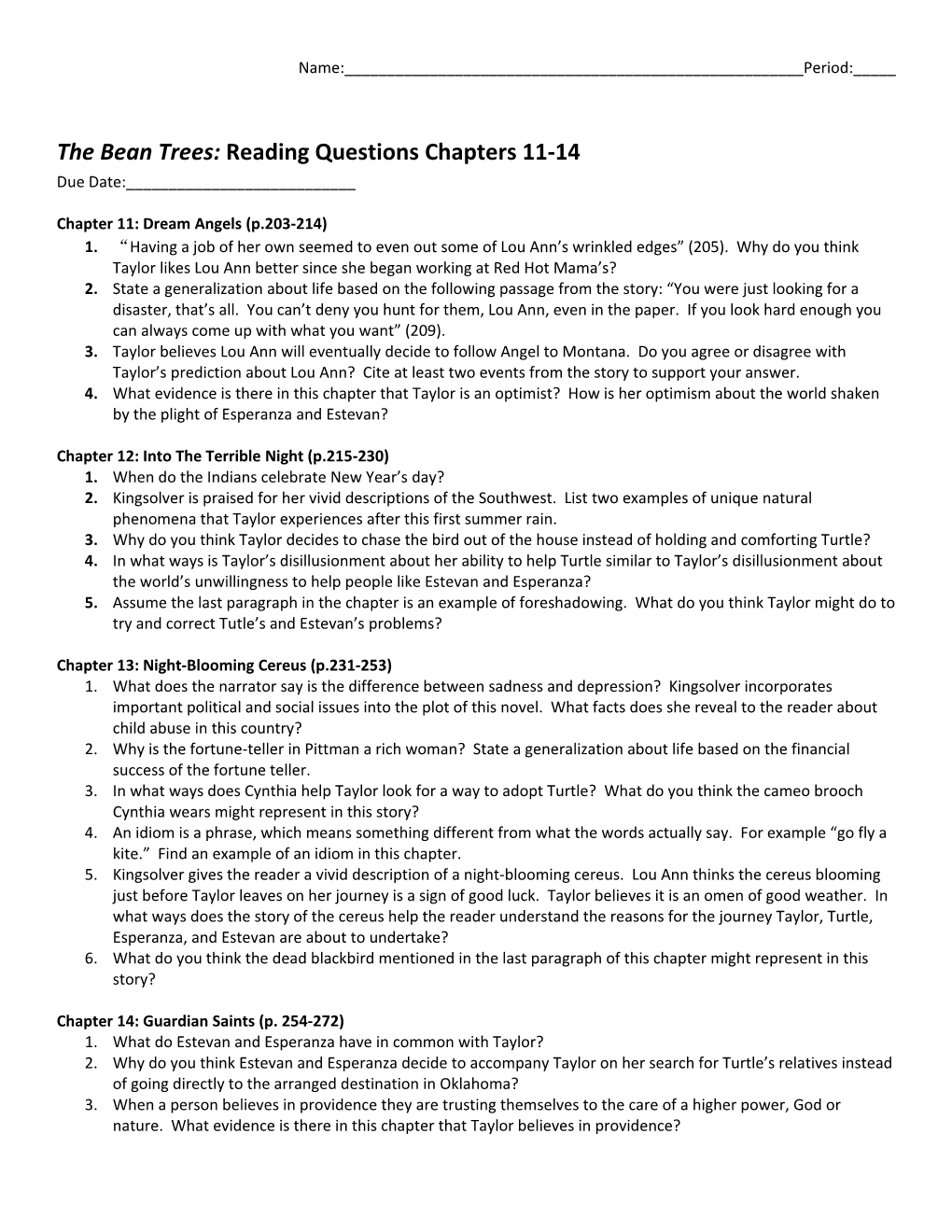 The Bean Trees: Reading Questions Chapters 11-14