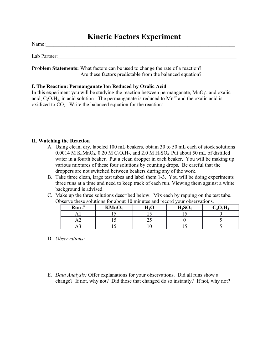 I. the Reaction:Permanganate Ion Reduced by Oxalic Acid