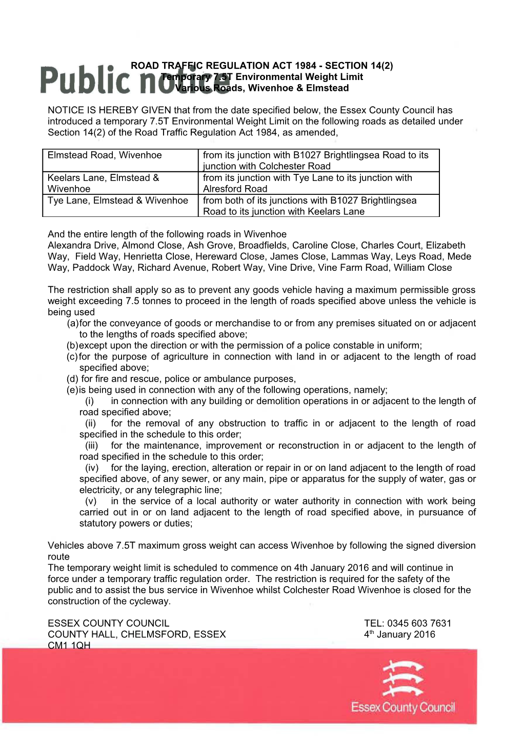 Intention Notice for Road Closure