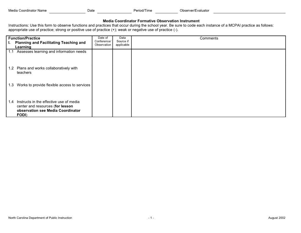 Media Coordinator Formative Observation Instrument