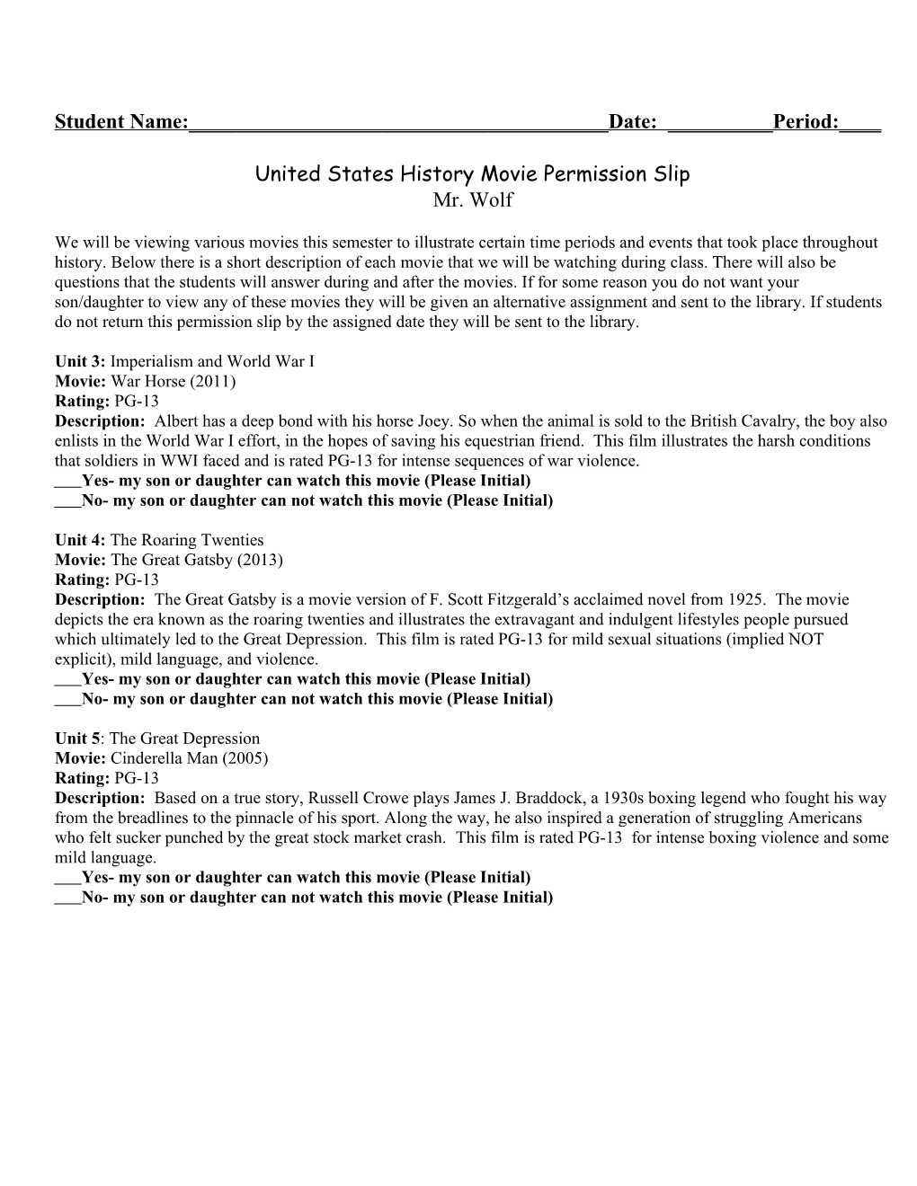 United States History Movie Permission Slip