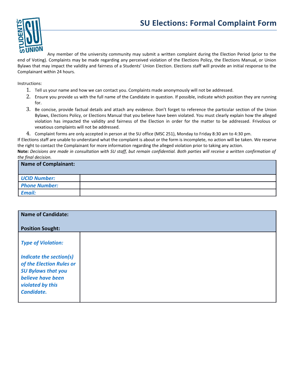 SU Elections: Formal Complaint Form