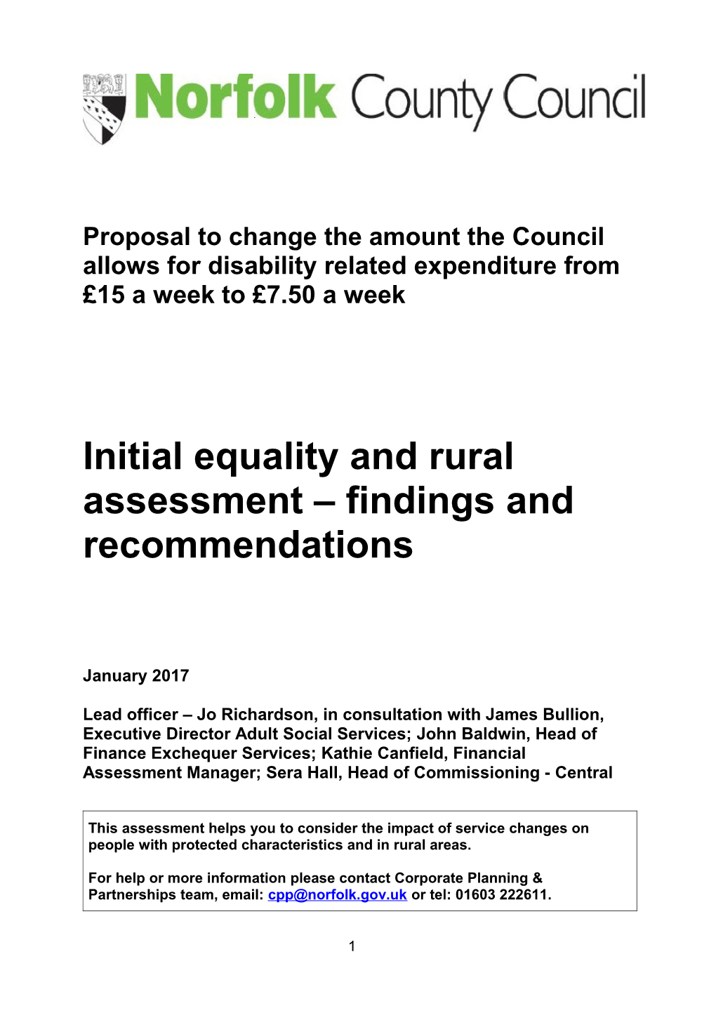 Initial Equality and Rural Assessment Findings and Recommendations