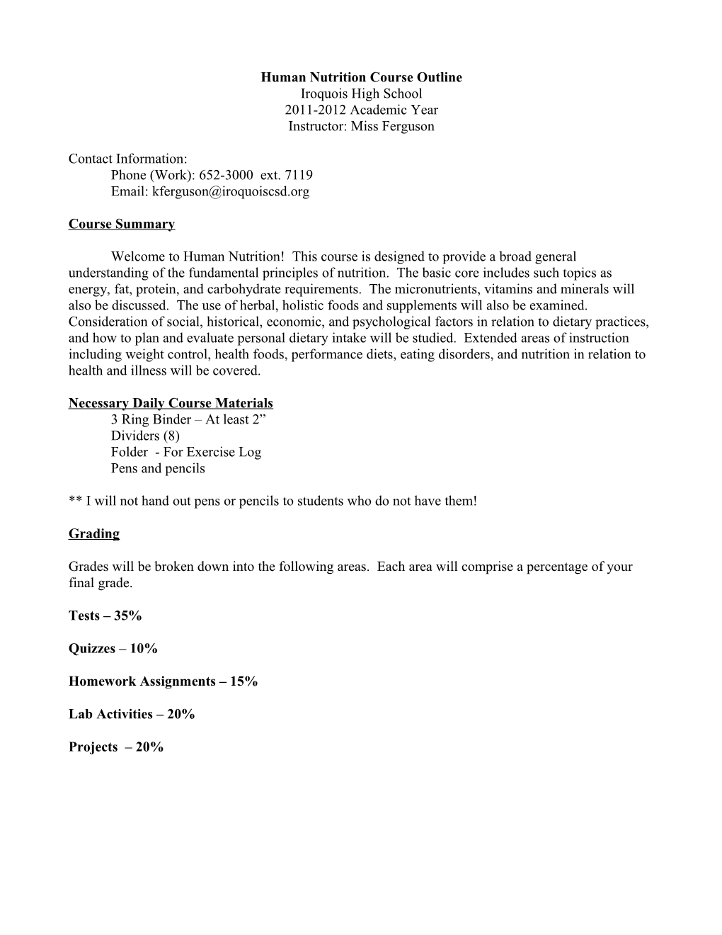 Human Nutrition Course Outline