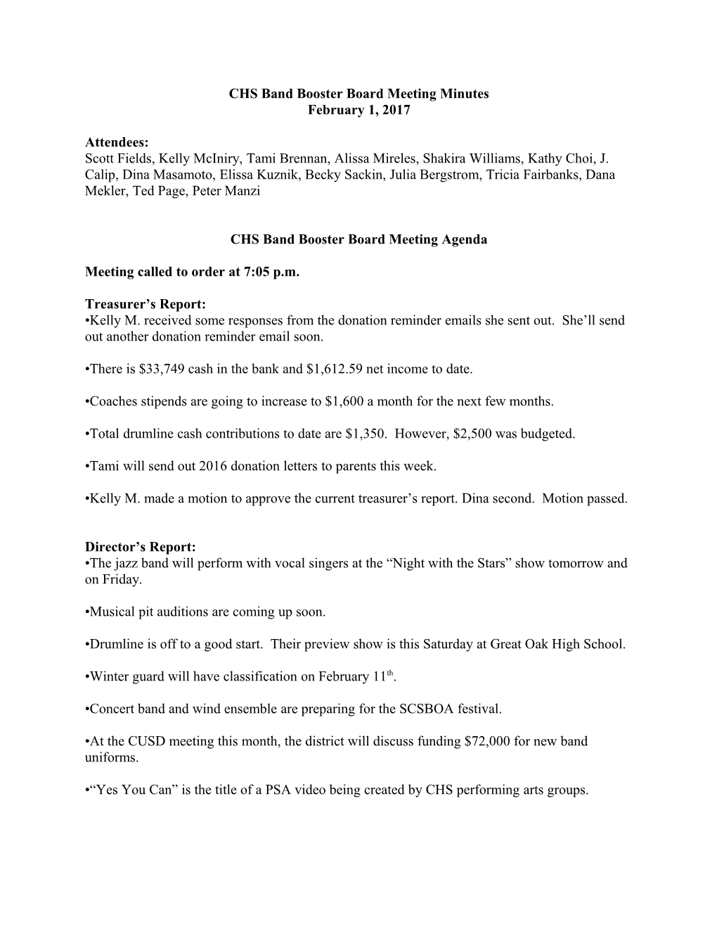 CHS Band Booster Board Meeting Minutes