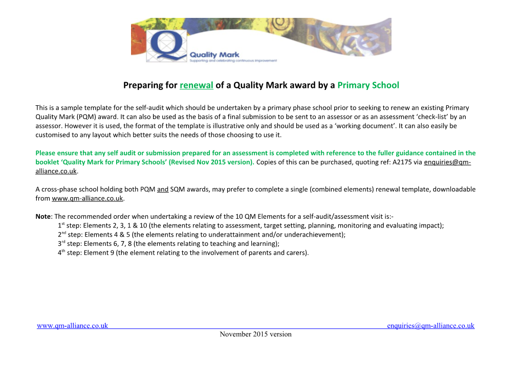 Preparing for Renewal of a Quality Mark Award by a Primary School