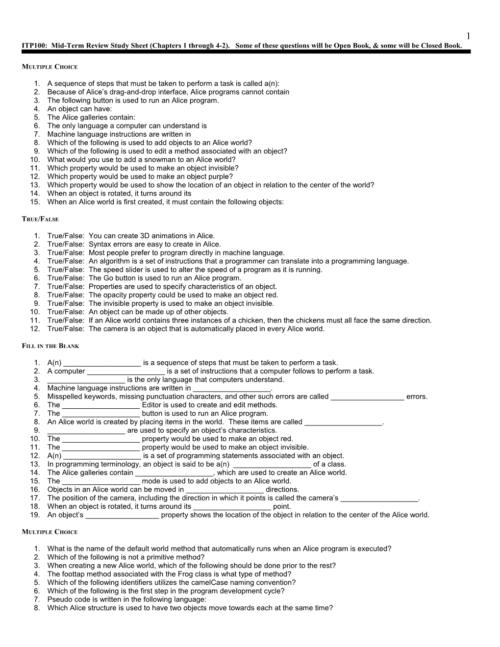 ITP100: Mid-Term Review Study Sheet (Chapters 1 Through 4-2). Some of These Questions