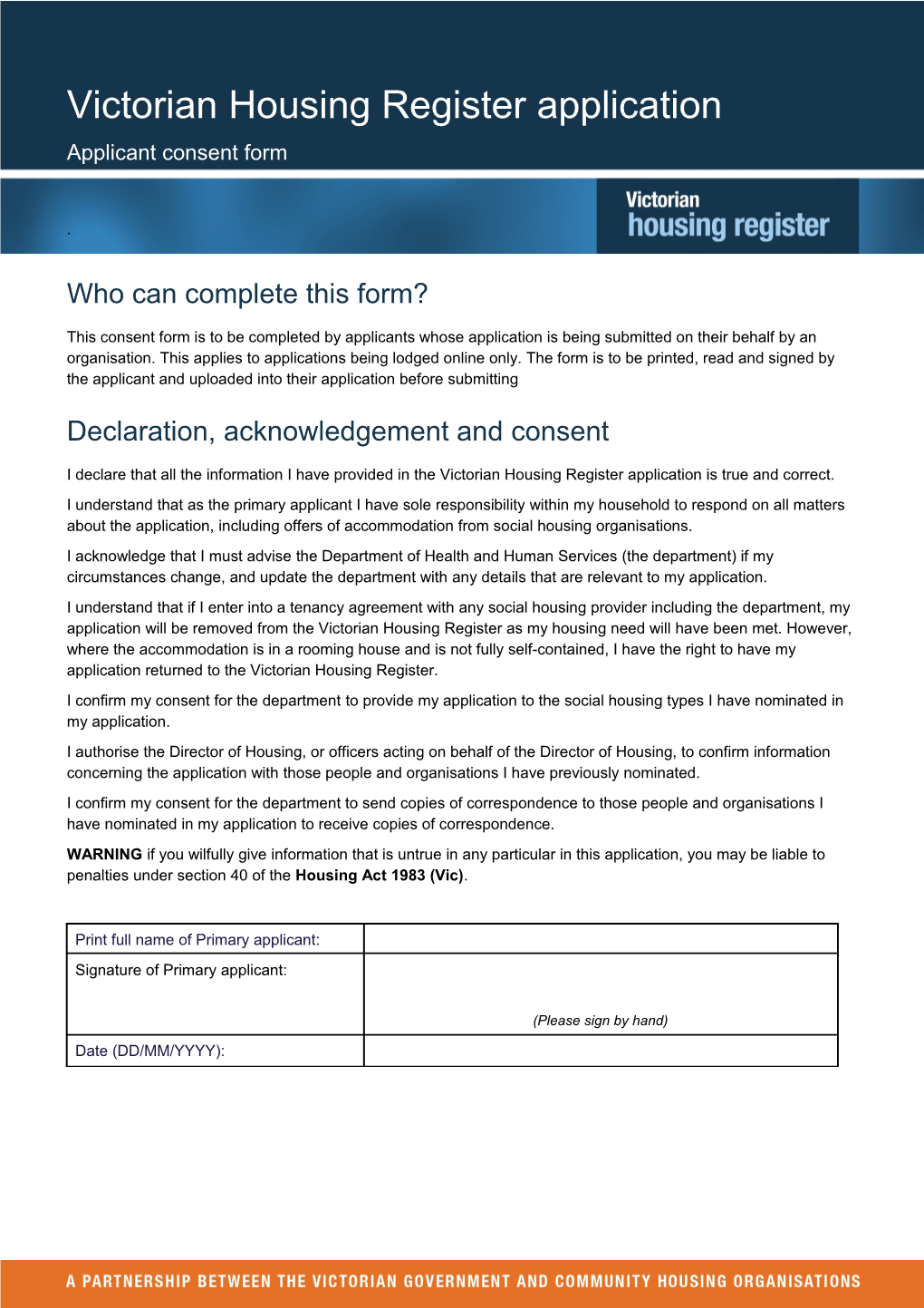 Victorian Housing Register Application Consent Form