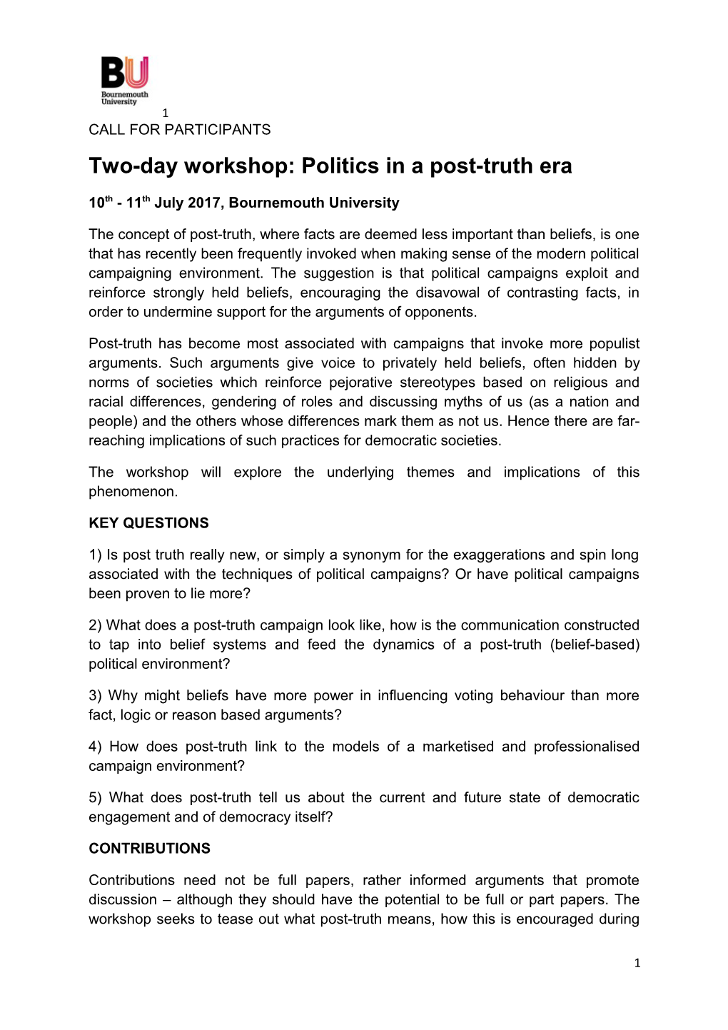 Two-Day Workshop: Politics in a Post-Truth Era