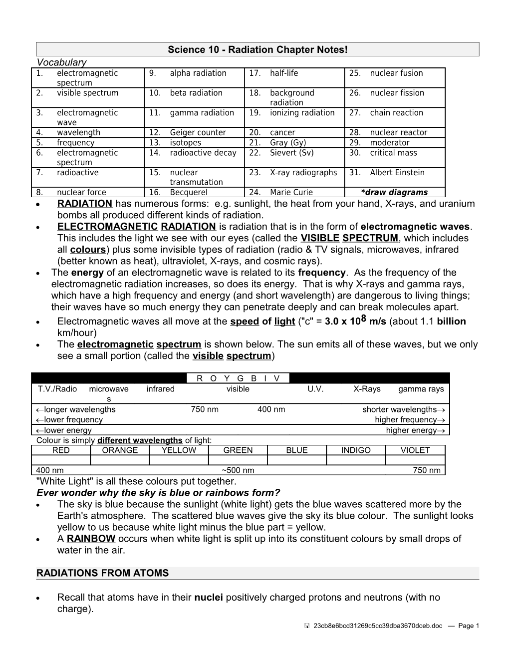 Science 10 - Radiation Chapter Notes