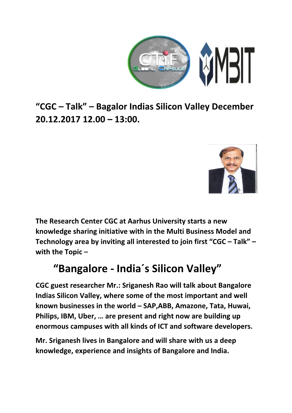 CGC Talk Bagalorindias Silicon Valley December 20.12.2017 12.00 13:00