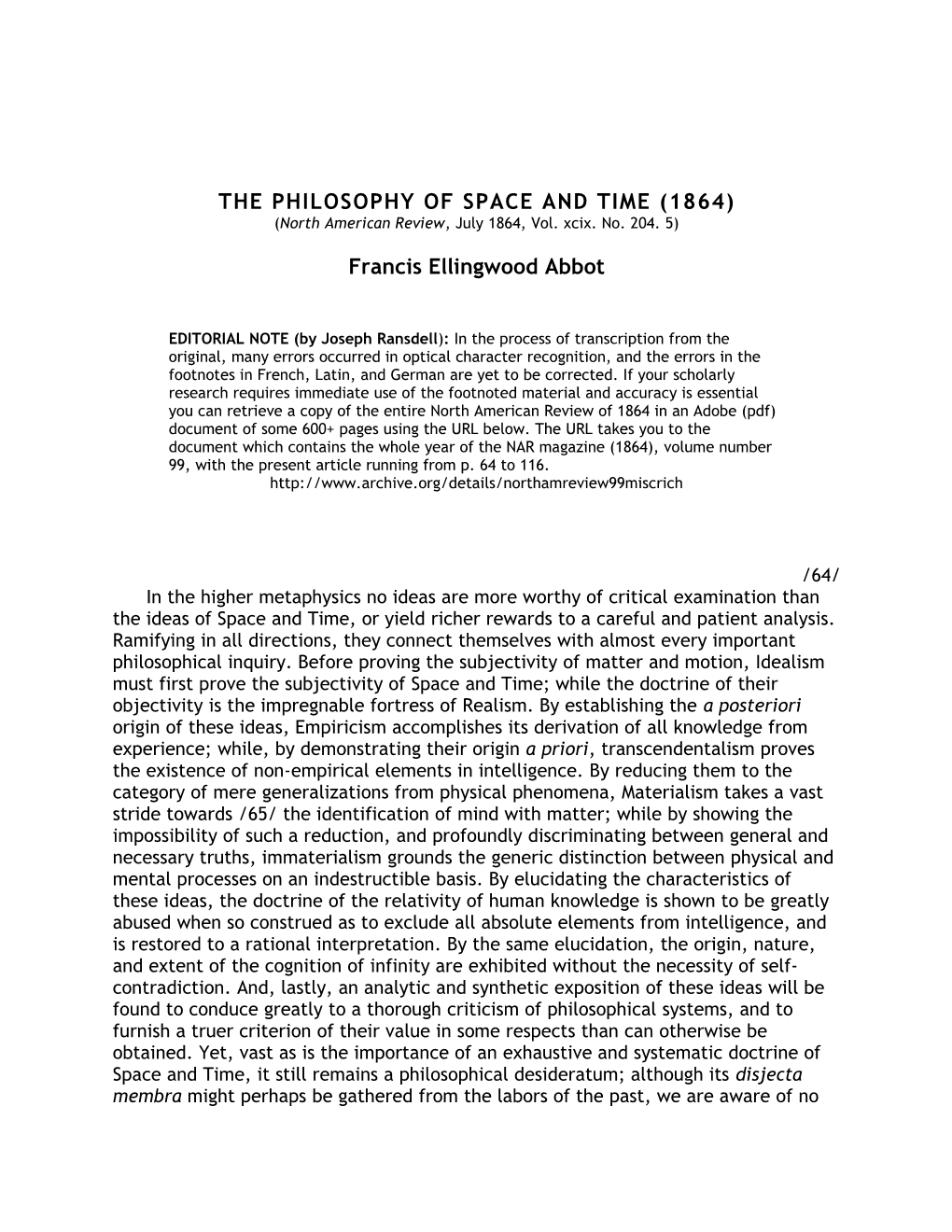 The Philosophy of Space and Time (1864)