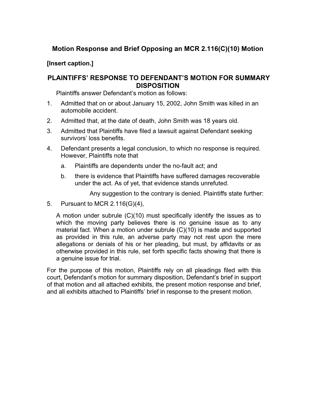 Motion Response and Brief Opposing an MCR 2.116(C)(10) Motion