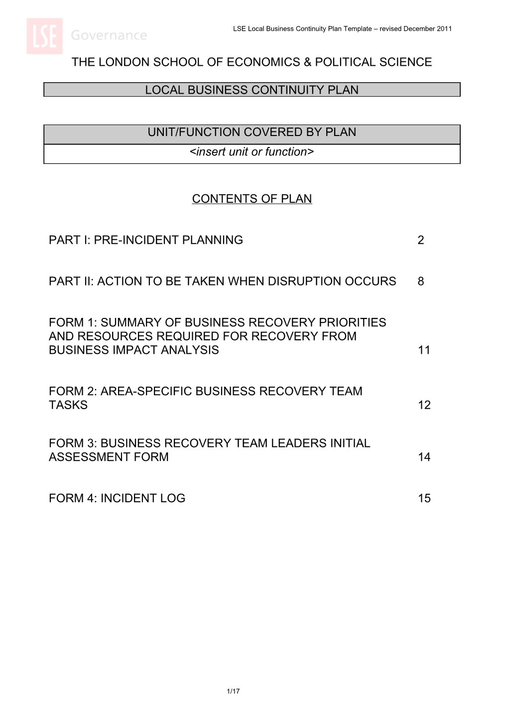 Local Business Continuity Planning Template