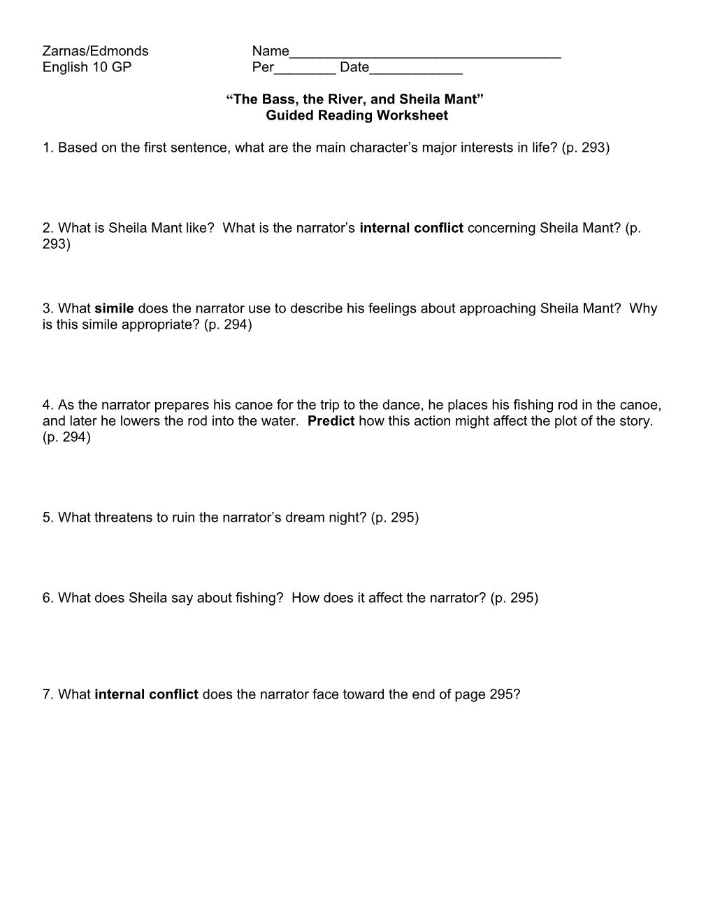 The Bass, the River, and Sheila Mant Guided Reading Worksheet